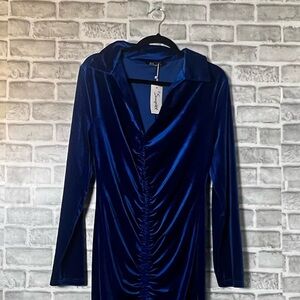 Blue Velvet Ruched Midi Dress